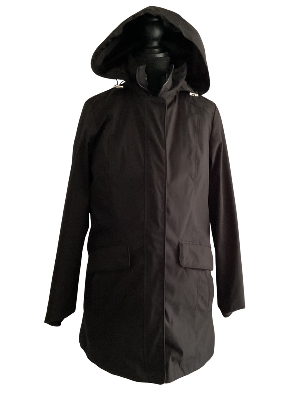 Lands' End Women's 3-in-1 Hooded Trench Coat Black Removable Liner S Neutral